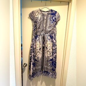 Johnny Was Silk Navy and white Toile print dress with flutter sleeve
